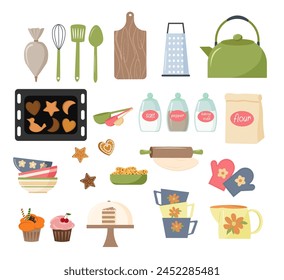 A set of kitchenware for baking. Teapot and cups, grater and pastry bag. Rolling pin and pastry spatulas. Baking tray in cookies. Potholders, flour and spices in jars. Cupcakes and muffins, cake and