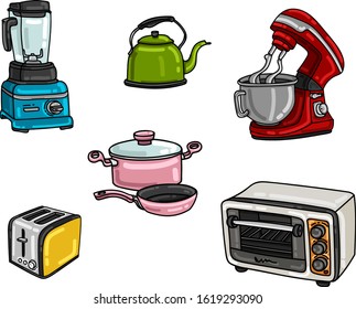 Set of kitchenware. Blender, kettle-tea pot, mixer, toaster, cooking pot, pan, oven.