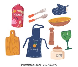 Set of Kitchenware Cookies and Sugar Bowl, Fork, Spoon, Textile Glove and Apron, Wineglass, Cutting Board, Pepper Mill and Wooden Plate, Kitchen Utensils Collection. Cartoon Vector Illustration, Icons