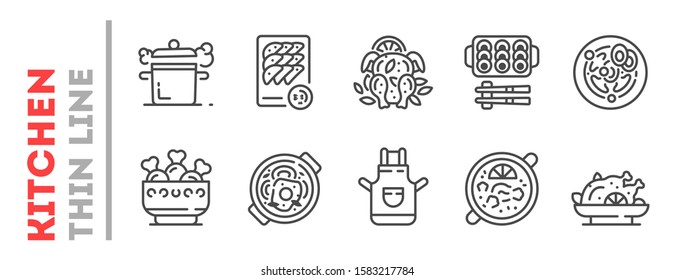 Set of kitchenware, cooking process thin line icons isolated on white. Poultry, meat, bakery dishes outline pictograms collection, logos. Food preparation at home, cafe vector elements for infographic