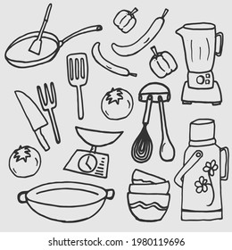 conjunto de equipamientos de cocina aislados de fondo gris. vector dibujado a mano