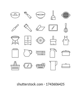 Set of Kitchenware Icon Collection Outline Style. Knife, Pan, Mixer, Grill and More