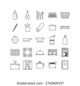 Set Of Kitchenware Icon Collection Outline.  Spoon, Knife, Stove, Plate, and More