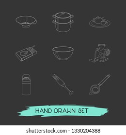 Set of kitchenware icons line style symbols with electric kettle, matches, egg separator and other icons for your web mobile app logo design.