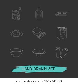 Set of kitchenware icons line style symbols with kitchen mitts, coffee grinder, drainer and other icons for your web mobile app logo design.