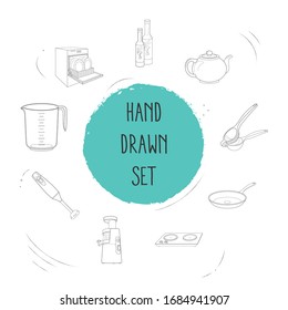 Set of kitchenware icons line style symbols with juicer, electric cooker, olive oil and other icons for your web mobile app logo design.