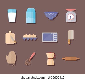 conjunto de iconos de utensilios de cocina en un diseño de ilustración vectorial de fondo marrón