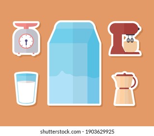 conjunto de iconos de utensilios de cocina en un diseño de ilustración vectorial de fondo naranja