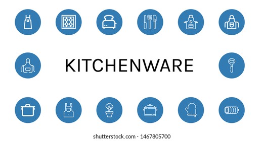 Set of kitchenware icons such as Apron, Stove, Toaster, Kitchen tools, Pot, Oven mitt, Boiled, Bottle opener , kitchenware