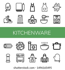 Set of kitchenware icons such as Oven mitt, Mincer, Dough, Grater, Apron, Mix, Boiled, Grinder, Broken plate, Stove, Pot , kitchenware
