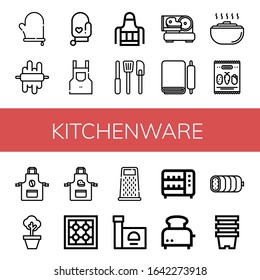 Set of kitchenware icons. Such as Oven mitt, Dough, Apron, Kitchen tools, Slicer, Mix, Pot, Stove, Grater, Toaster, Boiled, Pots , kitchenware icons