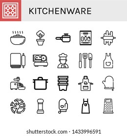 Set of kitchenware icons such as Stove, Dough, Pot, Cooking pot, Mix, Slicer, Cooker, Kitchen tools, Apron, Mincer, Pots, Oven mitt, Broken plate, Grinder, Grater , kitchenware