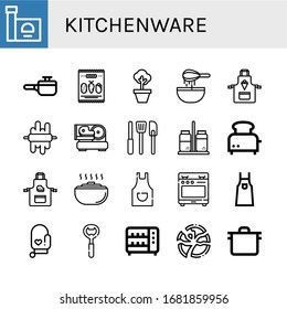 Set von Küchenutensilien. Zum Beispiel Stove, Kochtöpfe, Mix, Pot, Teig, Vorron, Schneider, Küchenutensilien, Salz und Pfeffer, Toaster, Ofenmilbe, Flaschenöffner, Geschirrtücher , Symbole für Küchengeschirr