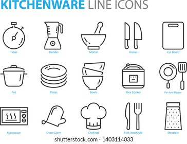 set of kitchenware icons, sucha as knife, plate, pan, bowl, spoon, pot