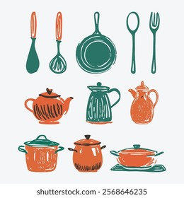 Set of kitchenware illustration in drawing style