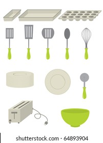 Set of kitchenware including spatulas, pans, a pizza cutter, bowl, plate, and a toaster - vector