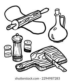 Set of kitchenware, kitchen tools, cooking and baking utensils. Vector graphic illustration ofsalt shaker, pepper mill, cutting board, knife, rolling pin isolated on white background. Doodle