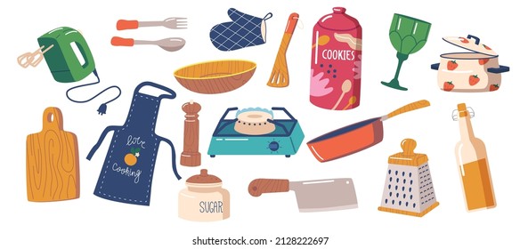 Set of Kitchenware Mixer, Fork, Spoon, Textile Glove and Turner, Apron, Wineglass and Cooking Pan. Cutting Board, Gas Stove, Sugar Bowl with Pepper Mill, Knife or Grater. Cartoon Vector Illustration