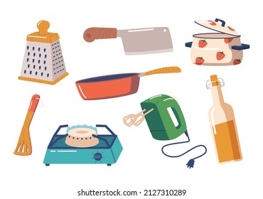 Set of Kitchenware Mixer, Turner, Cooking Pan, Gas Stove or Chef Knife, Grater, Oil Bottle. Kitchen Utensils Collection, Modern Tools for Home Food Preparation. Cartoon Vector Illustration, Icons