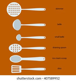 Set of kitchenware with names (skimmer, ladle, small ladle, draining spoon, ice cream scoop, slice). Different kinds of  kitchen utensils. Flat icons.