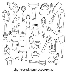 Set kitchenware, tableware, design elements, hand drawing sketches, black outline on white background, vector illustration