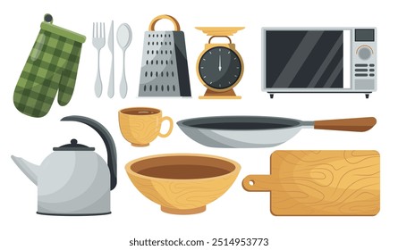 Conjunto de utensílios de cozinha. Bule, luva verde, prancha de corte. Micro-ondas, ralador e frigideira. Cozimento e preparação de alimentos. Autocolantes de mídias sociais. Coleção de vetores planos isolada no plano de fundo branco