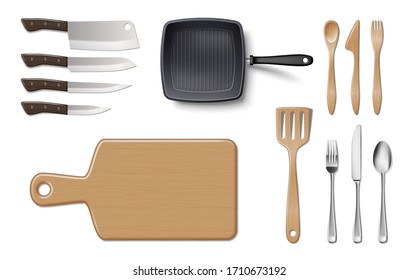 Set of kitchenware utensils or cookware mockup isolated on white. Kitchen Pan for cooking food, kitchen cutlery and plate, knife, dishware template. vector illustration