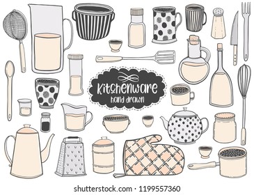 Set of kitchenware and utensils hand drawn vector illustrations modern drawing style, isolated on white background. Cooking kitchen background.Elements for design.