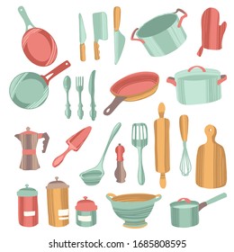 Conjunto de utensilios de cocina y utensilios ilustrados a mano vectoriales. Colorido estilo moderno con textura decorativa aislada en fondo blanco.