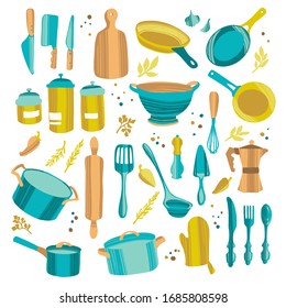 Set of kitchenware and utensils hand drawn vector illustrations. Colorful modern hand drawn style with decorative texture isolated on white background.