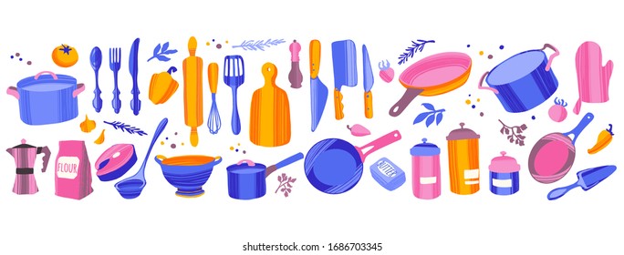 Set of kitchenware and utensils hand drawn vector illustrations. Colorful modern hand drawn style with decorative texture isolated on white background.