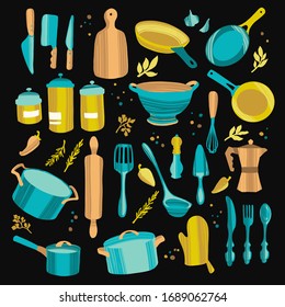 Set of kitchenware and utensils hand drawn vector illustrations. Colorful modern hand drawn style with decorative texture isolated on dark background.