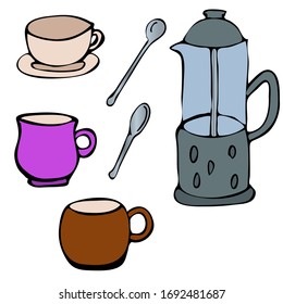 Set of kitchenware and utensils hand drawn vector illustrations in bright modern hand drawn style isolated on white background. Elements for design.