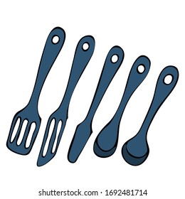 Set of kitchenware and utensils hand drawn vector illustrations in bright modern hand drawn style isolated on white background. Elements for design.