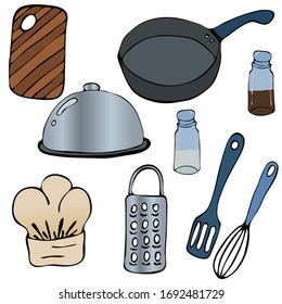 Conjunto de utensilios de cocina y utensilios ilustraciones vectoriales a mano dibujadas en un estilo moderno y brillante, aislado en fondo blanco. Elementos para el diseño.