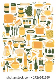 Set of kitchenware and utensils hand drawn vector illustration. Colorful green and yellow modern hand drawn style  isolated on white background. For modern recipe card template set for cookbook.