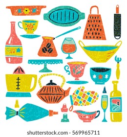 Set of kitchenware and utensils hand drawn vector illustrations in bright modern hand drawn style with organic texture isolated on white background. Elements for design.