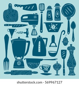 Set of kitchenware and utensils hand drawn vector illustrations in bright modern hand drawn style silhouettes isolated on background. Elements for design.