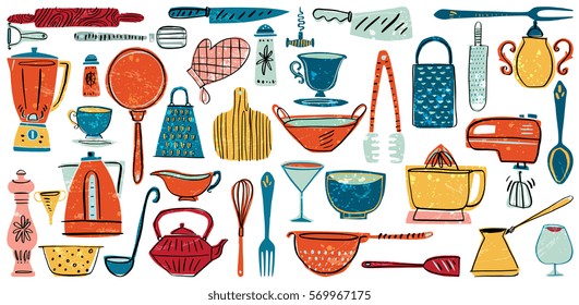 Set of kitchenware and utensils hand drawn vector illustrations in bright modern hand drawn style with organic texture isolated on white background. Elements for design.