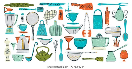 Set of kitchenware and utensils hand drawn vector illustrations in bright modern hand drawn style with organic texture isolated on white background. Elements for design.