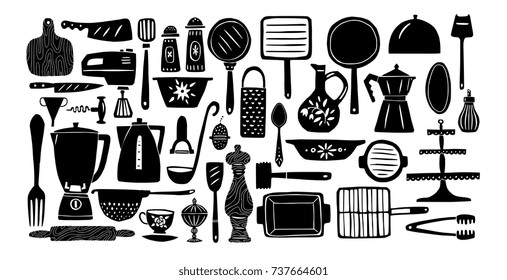 Set of kitchenware and utensils silhouettes hand drawn vector illustrations in bright modern hand drawn style with organic texture isolated on white background. Elements for design.