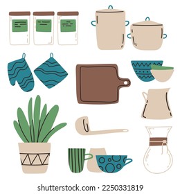 Set of a kitchenware vector illustration. Pans, cups for coffee, chemex, board and banks. Flat design. Ideal for web design and typography.