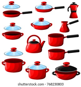 Set of kitchenware(pan, pot, wok, sauce pan, kettle, ibrik) isolated on white background
