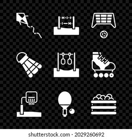 Set Kite, Abacus, Soccer goal with ball, Basketball backboard, Racket and, Pool balls, Badminton shuttlecock and Gymnastic rings icon. Vector