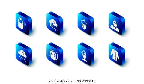 Set Kite, Acorn, Autumn clothes, Raincoat, Mulled wine, School backpack, Cloud with rain and Jar of honey and dipper stick icon. Vector