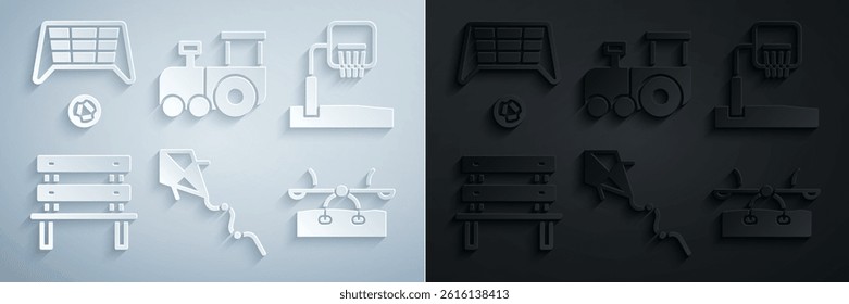 Set Kite, Basketball backboard, Bench, Seesaw, Toy train and Soccer goal with icon. Vector