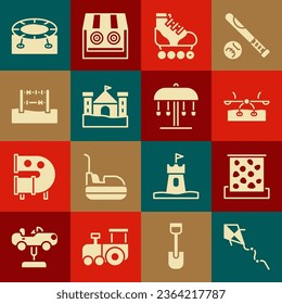 Set Kite, Climbing wall, Seesaw, Roller skate, Sand castle, Abacus, Jumping trampoline and Attraction carousel icon. Vector