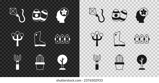 Set Kite, Easter egg, Human head with flower inside, Garden rake, Cactus peyote pot, Forest, Blossom tree branch and Rubber gloves icon. Vector