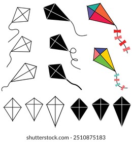 Set of kite flying vector illustration. cartoon of kite flying