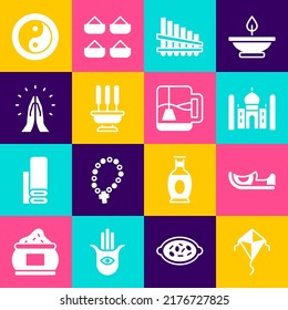 Set Kite, Indian shoes, Taj Mahal, Pan flute, Incense sticks, Hands in praying position, Yin Yang and Cup of tea with tea bag icon. Vector